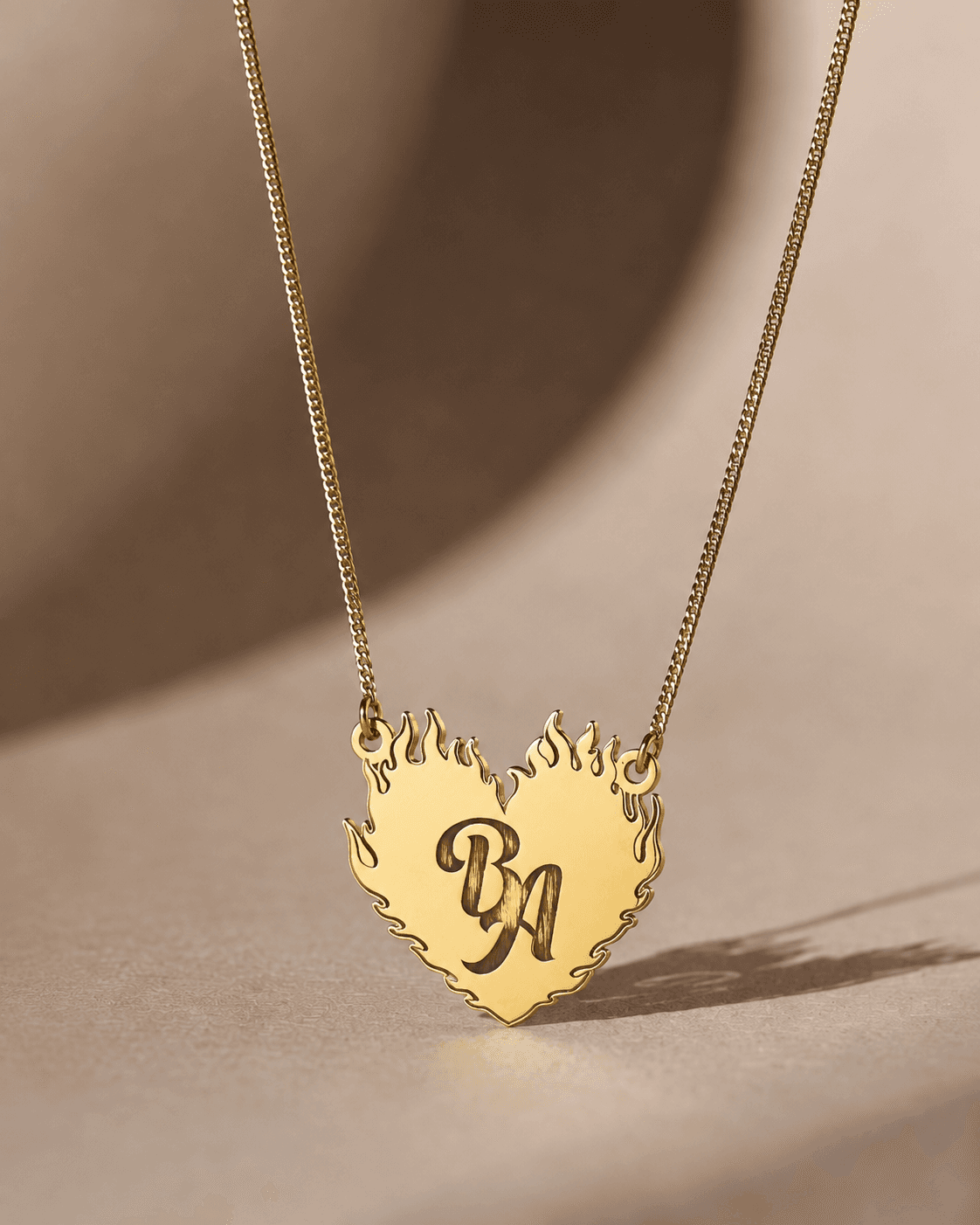 Personalized flaming heart initial necklace – 925 silver, plated with 18k gold