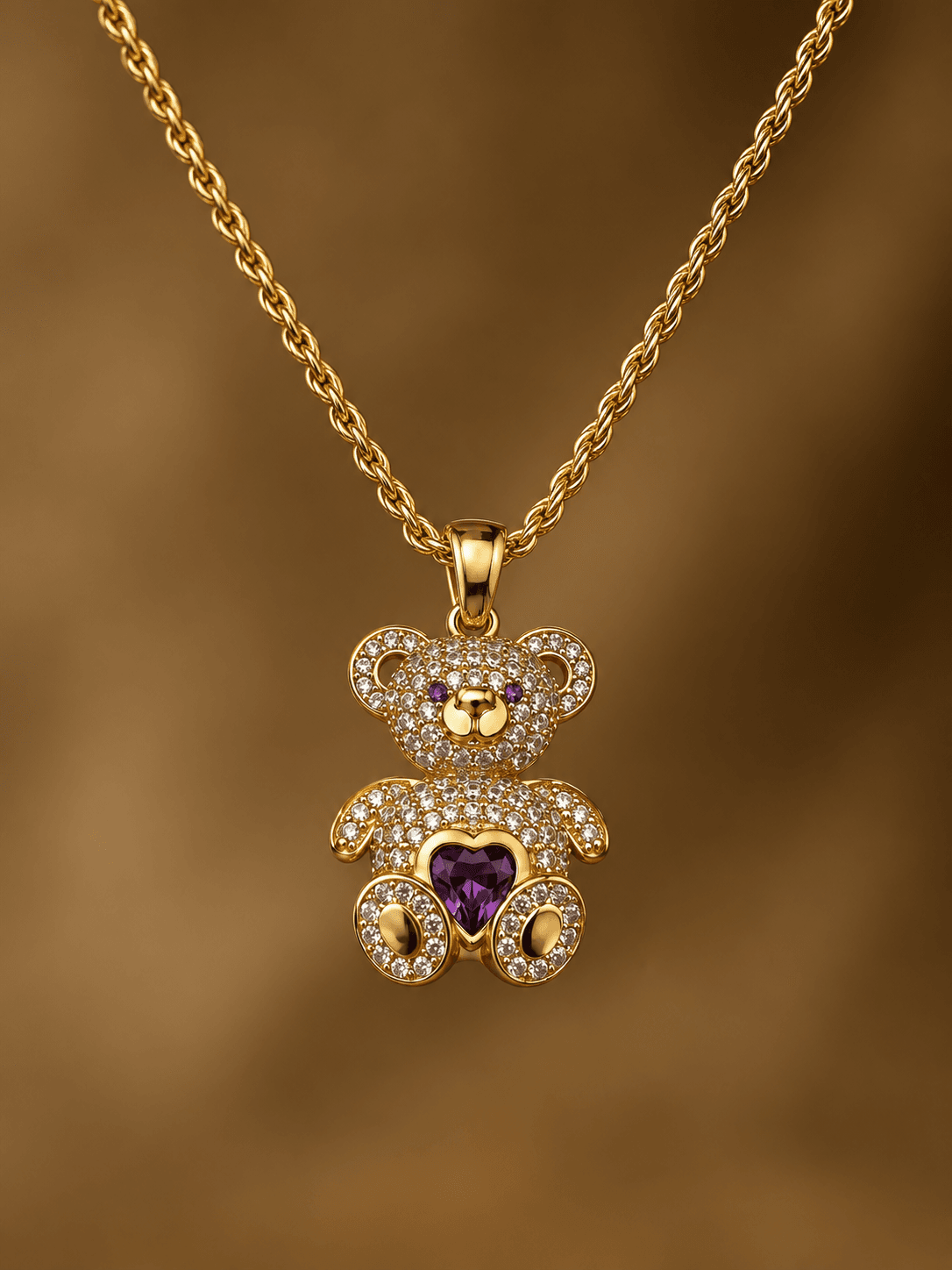 Purple heart teddy bear necklace