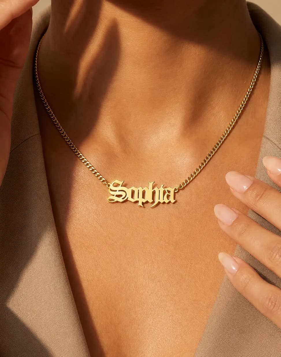 Personalized gothic name necklace - 925 silver, plated with 18k gold