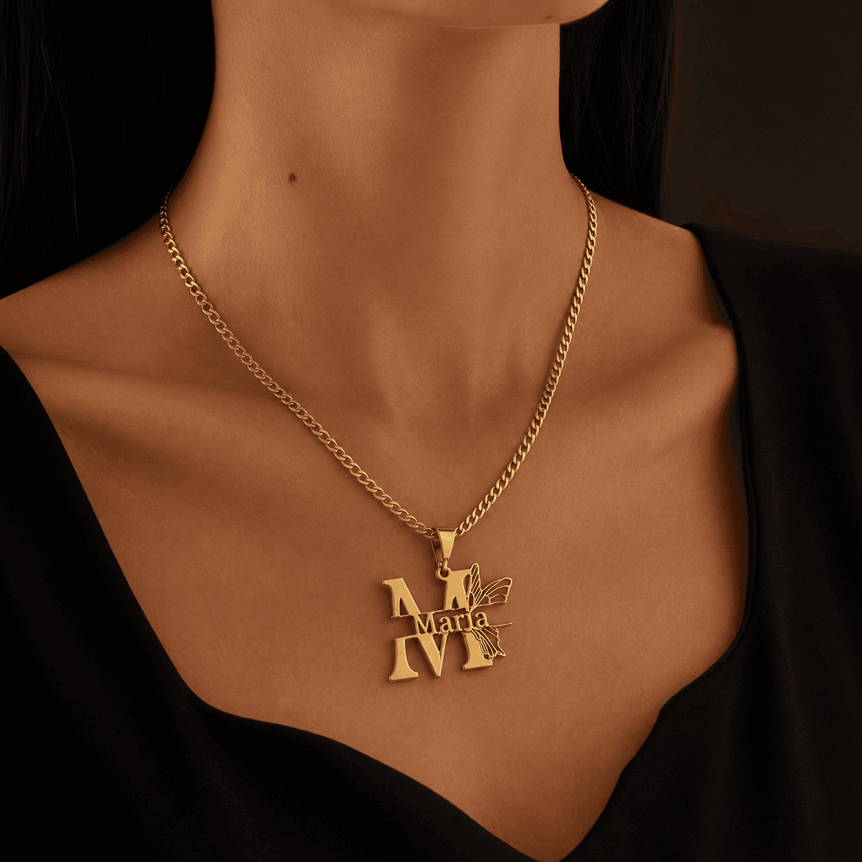 Personalized initial and butterfly necklace - 925 silver, plated with 18k gold