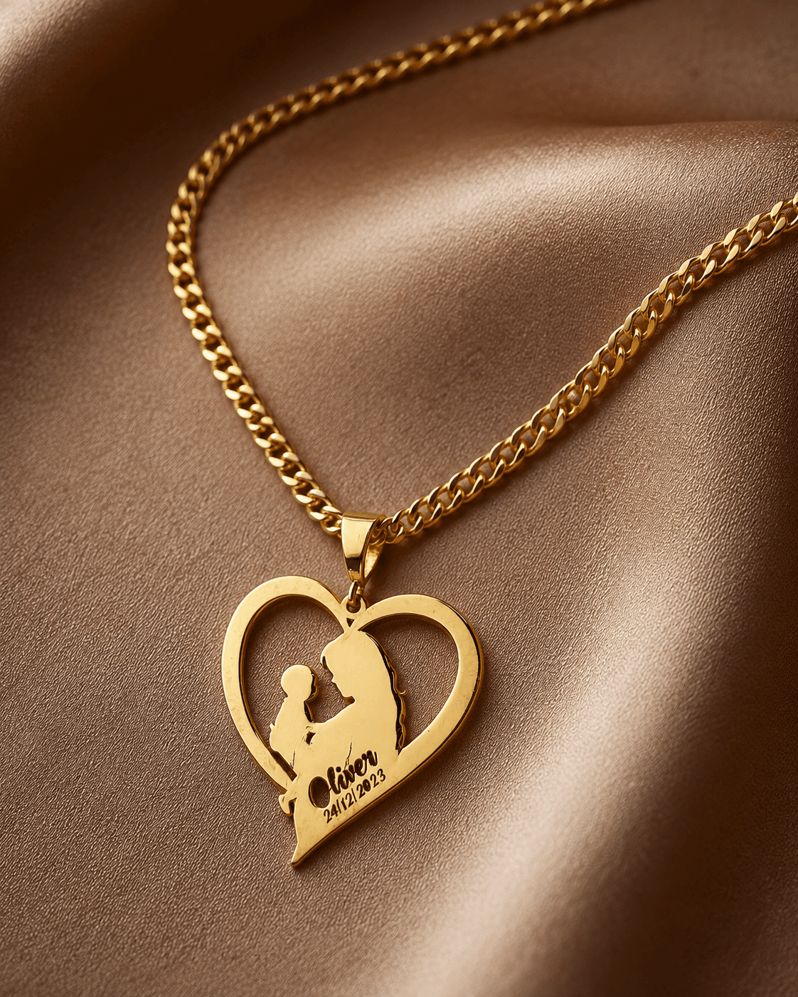 Personalized mother and baby heart necklace – 925 silver, plated with 18k gold