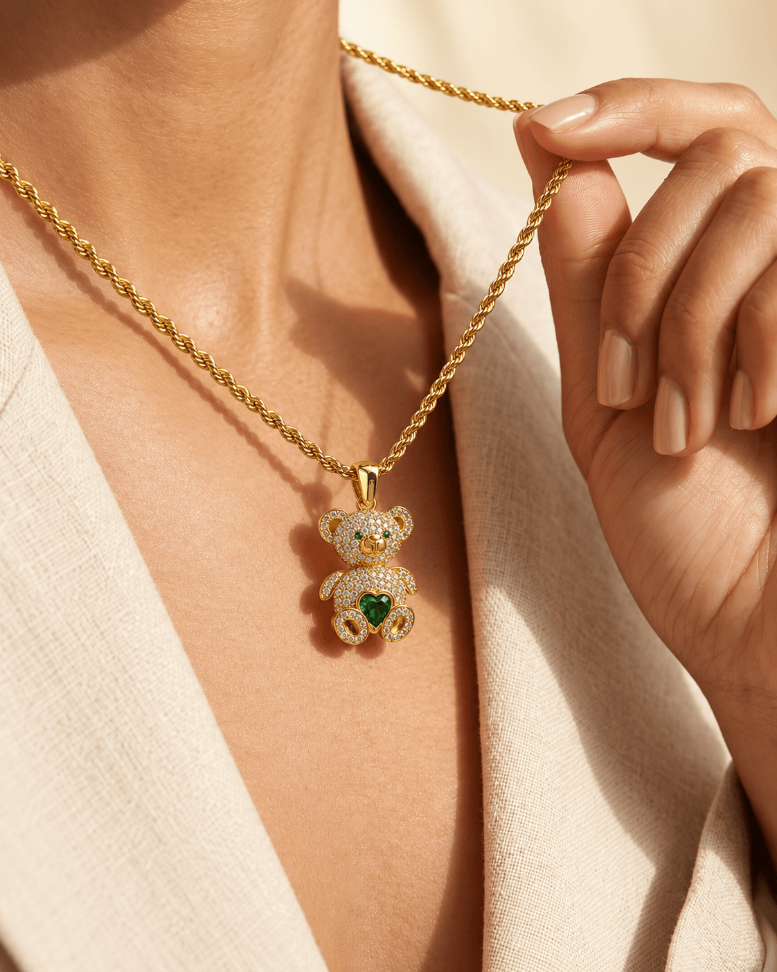 Green heart teddy bear necklace