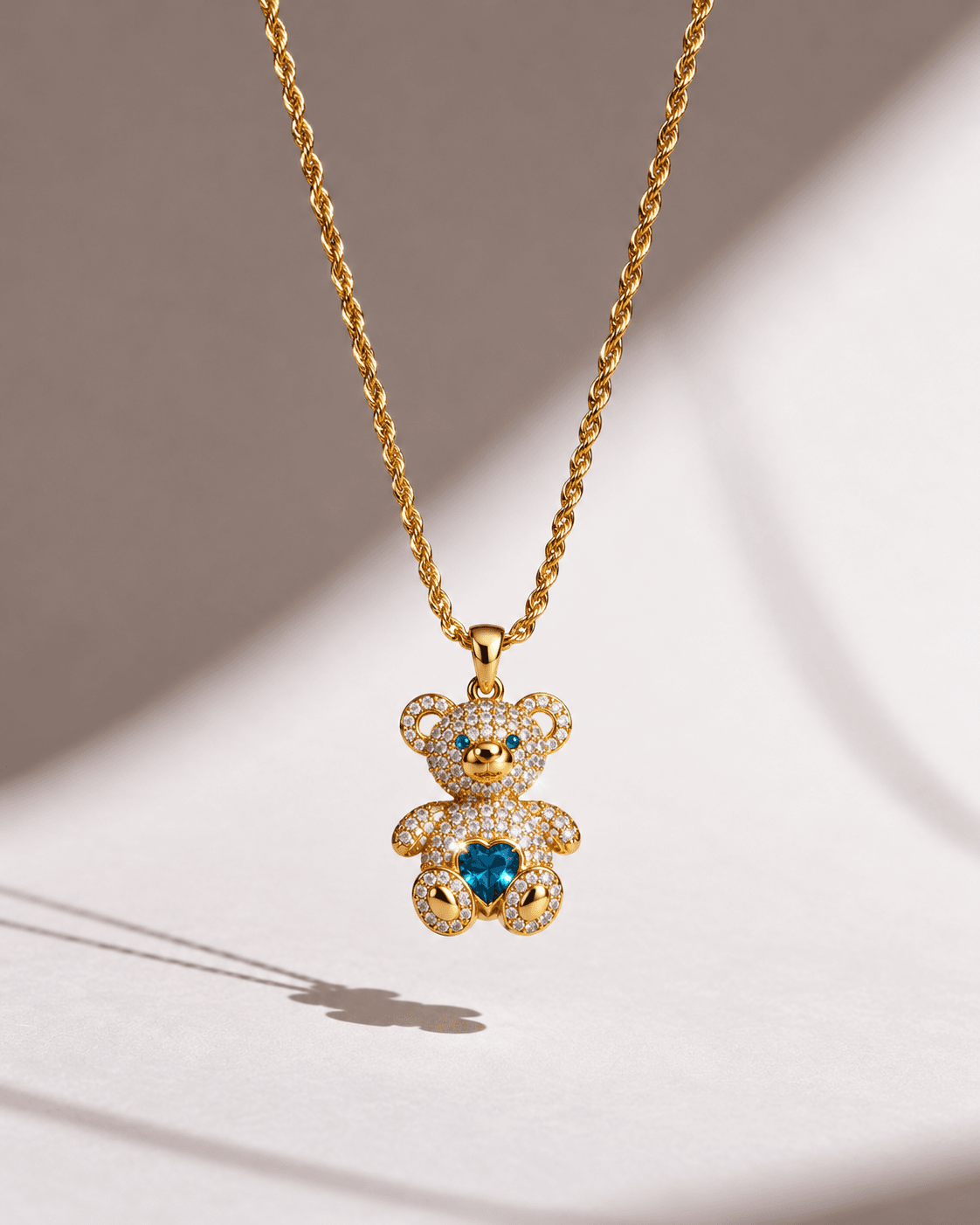 Blue heart teddy bear necklace