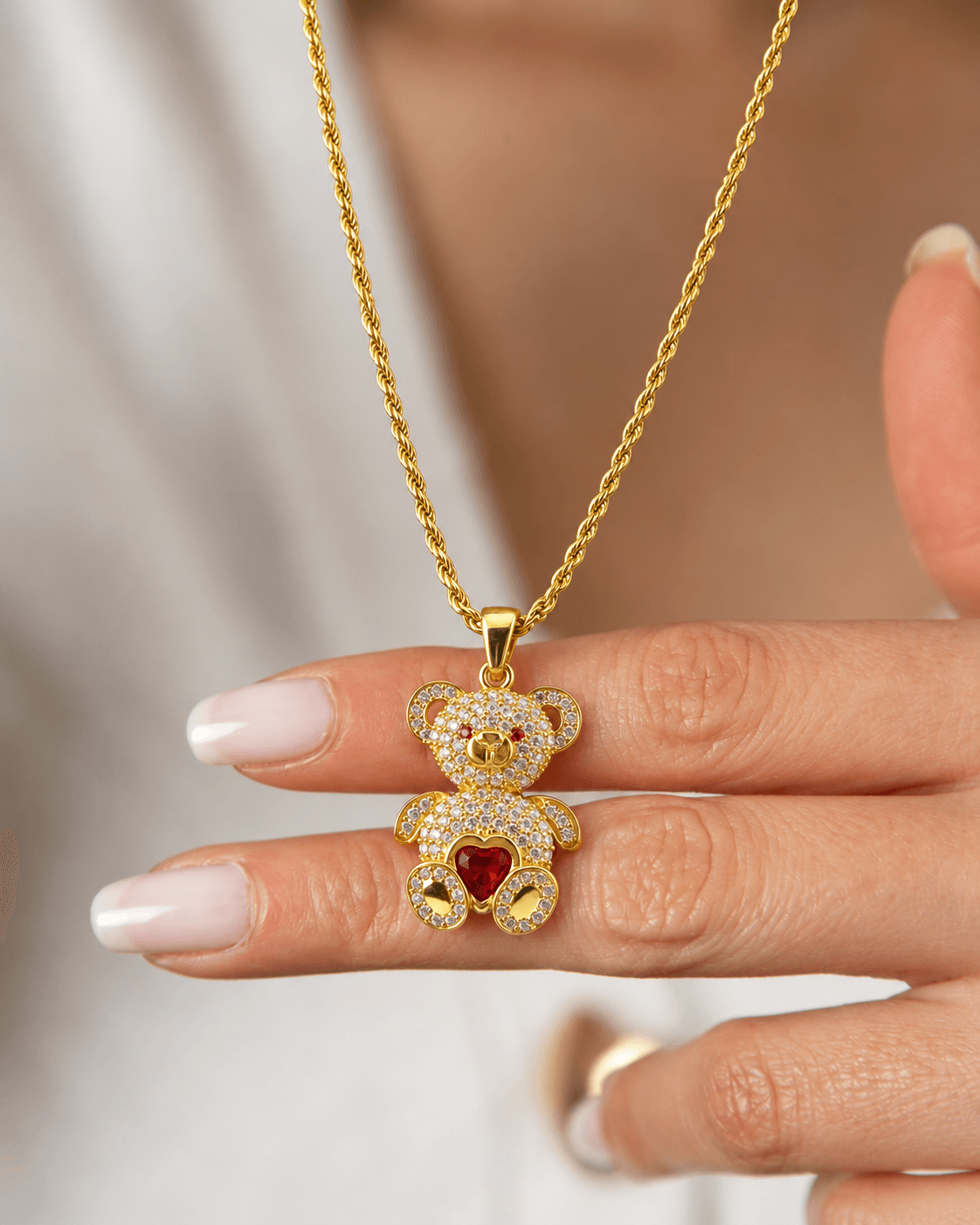 Red heart teddy bear necklace
